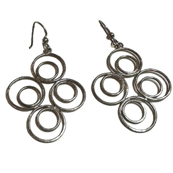 Hammered Silver Circle Dangle Earrings Geometric Modernist - Picture 4 of 4